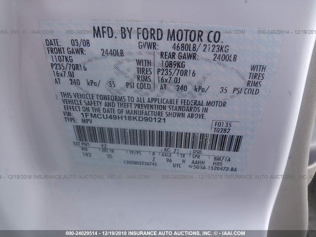 1FMCU49H18KD90121 - 2008 FORD ESCAPE HEV WHITE photo 9