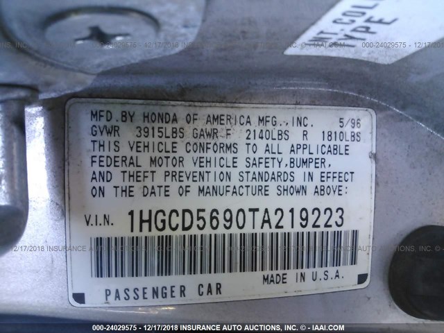 1HGCD5690TA219223 - 1996 HONDA ACCORD VALUE SILVER photo 9