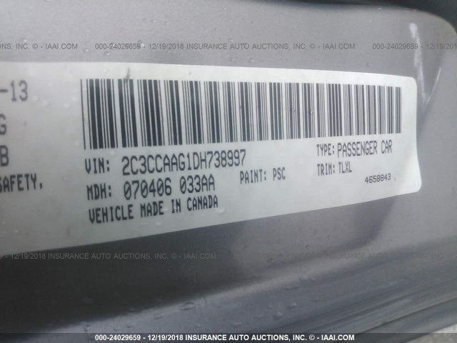 2C3CCAAG1DH738997 - 2013 CHRYSLER 300 GRAY photo 9