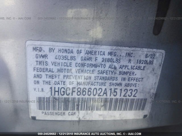 1HGCF86602A151232 - 2002 HONDA ACCORD VALUE SILVER photo 9