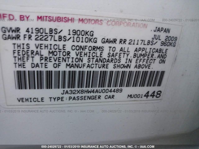 JA32X8HW4AU004489 - 2010 MITSUBISHI LANCER GTS WHITE photo 9