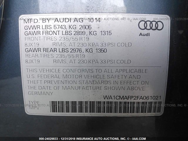 WA1CMAFP2FA061021 - 2015 AUDI Q5 TDI/PREMIUM PLUS BLUE photo 9