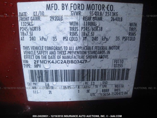 2FMDK4JC2ABB03427 - 2010 FORD EDGE SEL RED photo 9