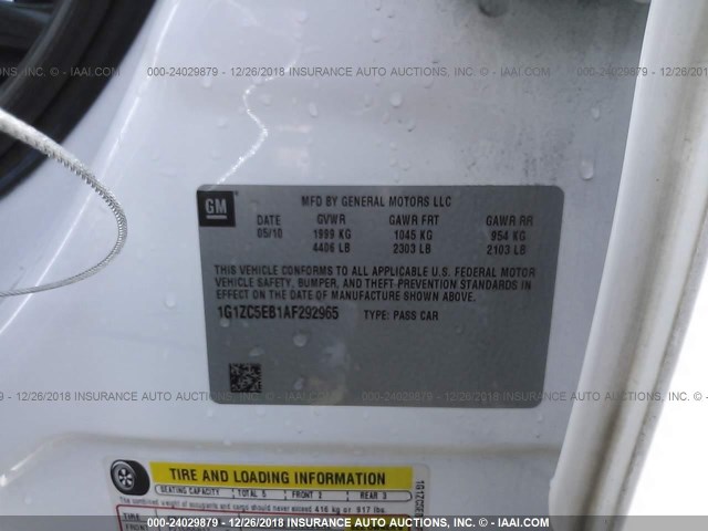 1G1ZC5EB1AF292965 - 2010 CHEVROLET MALIBU 1LT WHITE photo 9