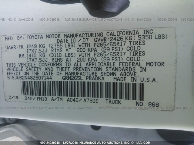 5TEJU62N48Z507144 - 2008 TOYOTA TACOMA DOUBLE CAB PRERUNNER WHITE photo 9