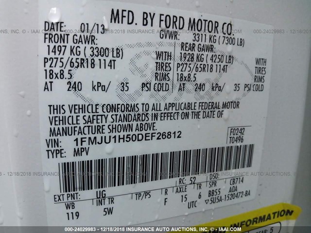 1FMJU1H50DEF26812 - 2013 FORD EXPEDITION XLT/KING RANCH WHITE photo 9