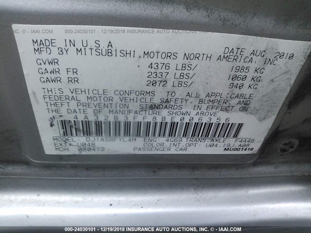 4A32B3FF8BE006356 - 2011 MITSUBISHI GALANT ES/SE SILVER photo 9