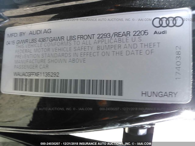 WAUACGFFXF1135292 - 2015 AUDI A3 PREMIUM BLACK photo 9