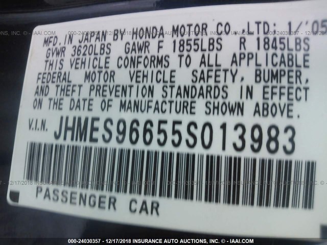 JHMES96655S013983 - 2005 HONDA CIVIC HYBRID BLUE photo 9