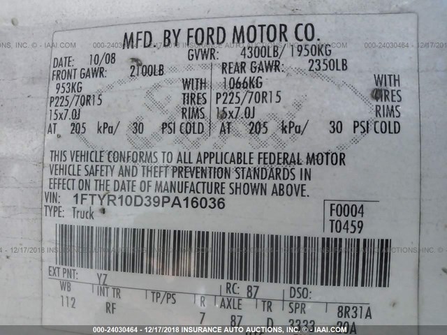 1FTYR10D39PA16036 - 2009 FORD RANGER WHITE photo 9