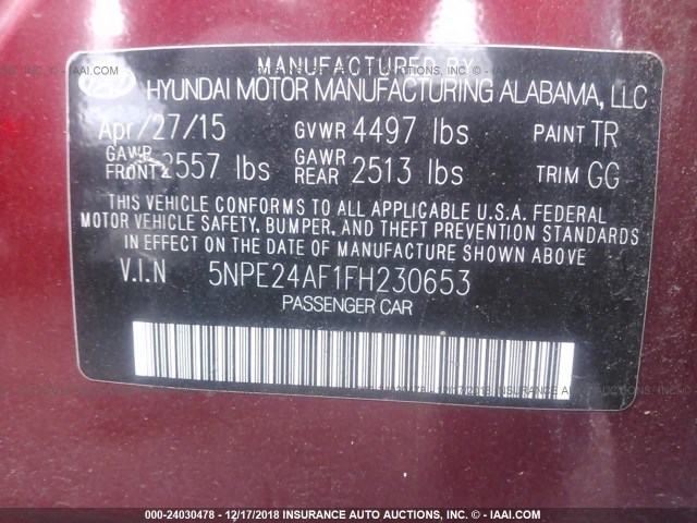 5NPE24AF1FH230653 - 2015 HYUNDAI SONATA SE RED photo 9