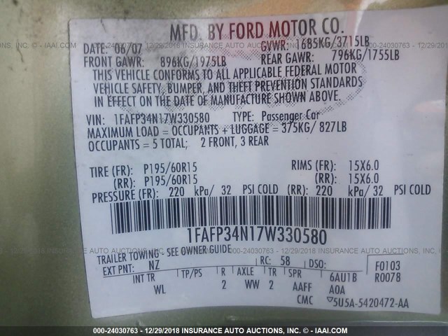 1FAFP34N17W330580 - 2007 FORD FOCUS ZX4/S/SE/SES Жасыл фото 9