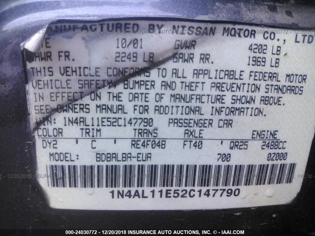 1N4AL11E52C147790 - 2002 NISSAN ALTIMA S/SL GRAY photo 9