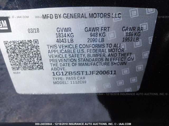 1G1ZB5ST1JF200611 - 2018 CHEVROLET MALIBU LS Dark Blue photo 9