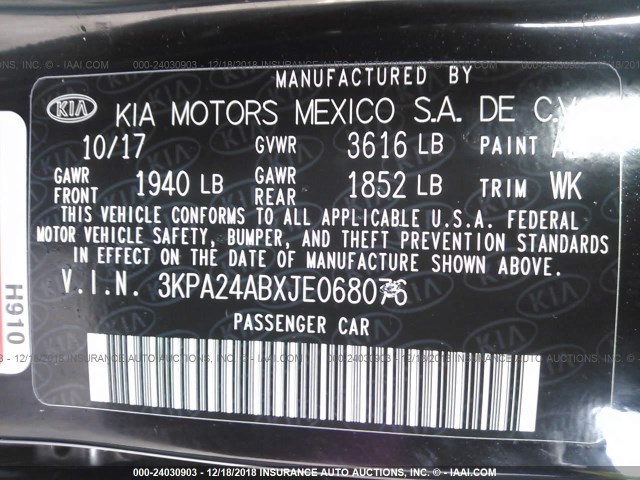 3KPA24ABXJE068076 - 2018 KIA RIO LX/S BLACK photo 9