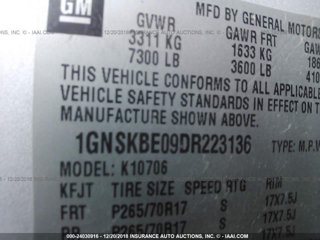 1GNSKBE09DR223136 - 2013 CHEVROLET TAHOE K1500 LT SILVER photo 9