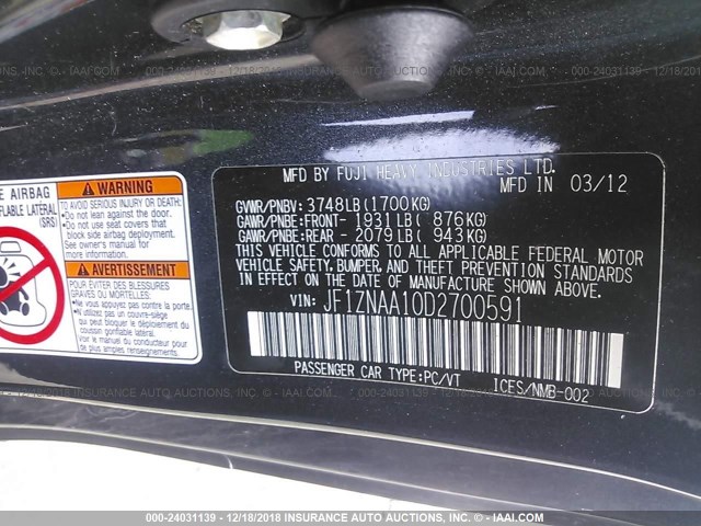 JF1ZNAA10D2700591 - 2013 TOYOTA SCION FR-S GRAY photo 9