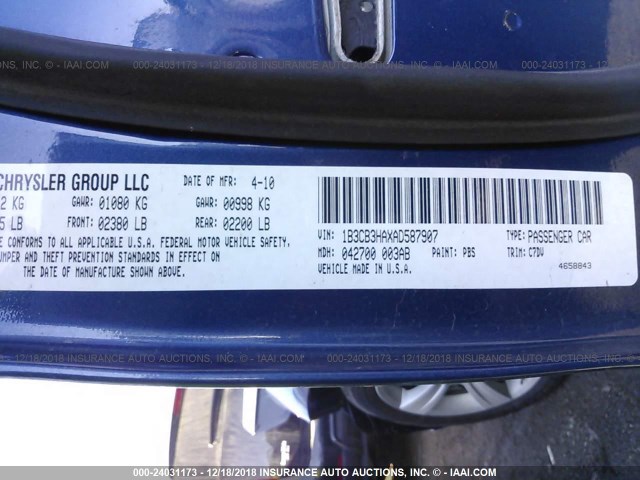 1B3CB3HAXAD587907 - 2010 DODGE CALIBER MAINSTREET BLUE photo 9