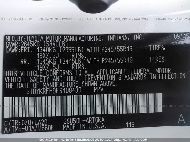 5TDYKRFH9FS108430 - 2015 TOYOTA HIGHLANDER LIMITED/LTD PLATINUM WHITE photo 9