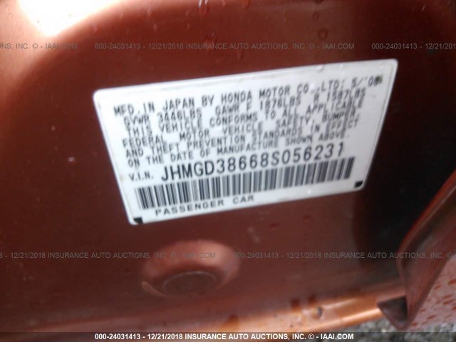 JHMGD38668S056231 - 2008 HONDA FIT SPORT ORANGE photo 9