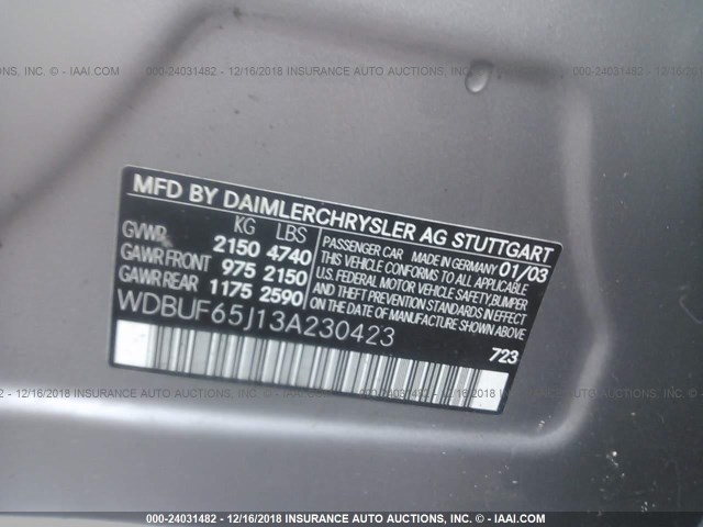 WDBUF65J13A230423 - 2003 MERCEDES-BENZ E 320 GRAY photo 9