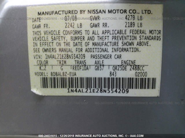 1N4AL21E28N554209 - 2008 NISSAN ALTIMA 2.5/2.5S SILVER photo 9