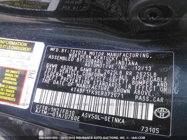 4T4BF1FK9ER372671 - 2014 TOYOTA CAMRY L/SE/LE/XLE 黑色 照片 9