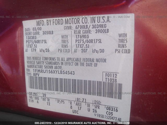 1FMRU156XYLB54543 - 2000 FORD EXPEDITION XLT RED photo 9