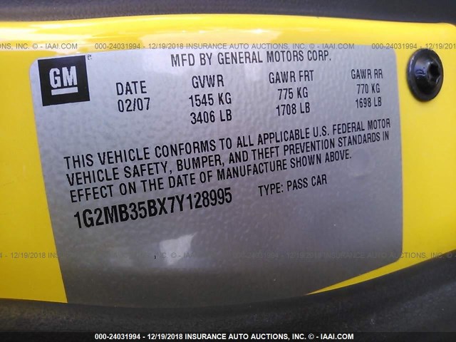 1G2MB35BX7Y128995 - 2007 PONTIAC SOLSTICE YELLOW photo 9