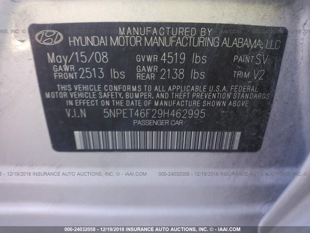 5NPET46F29H462995 - 2009 HYUNDAI SONATA GLS TAN photo 9