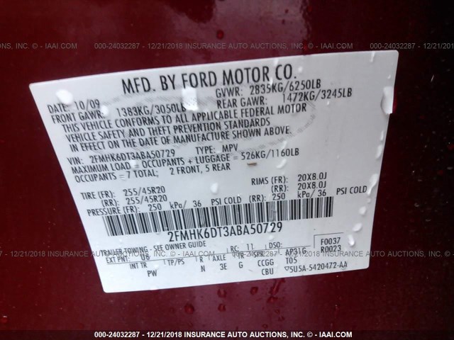 2FMHK6DT3ABA50729 - 2010 FORD FLEX LIMITED RED photo 9