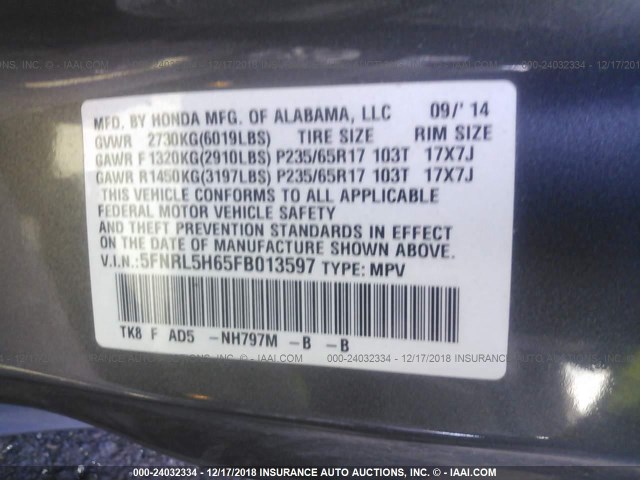 5FNRL5H65FB013597 - 2015 HONDA ODYSSEY EXL GRAY photo 9