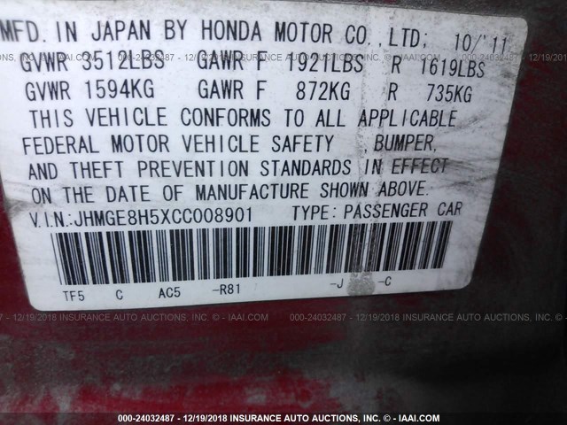 JHMGE8H5XCC008901 - 2012 HONDA FIT SPORT RED photo 9