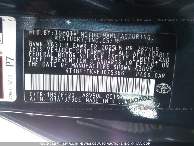 4T1BF1FK4FU075366 - 2015 TOYOTA CAMRY LE/XLE/SE/XSE BLACK photo 9