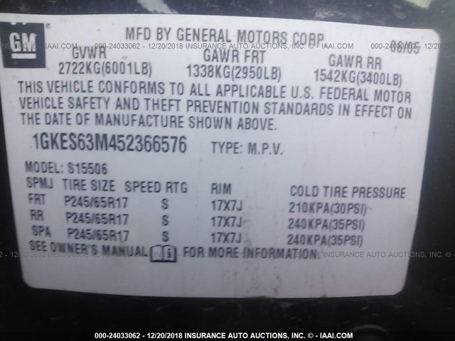 1GKES63M452366576 - 2005 GMC ENVOY DENALI BLACK photo 9