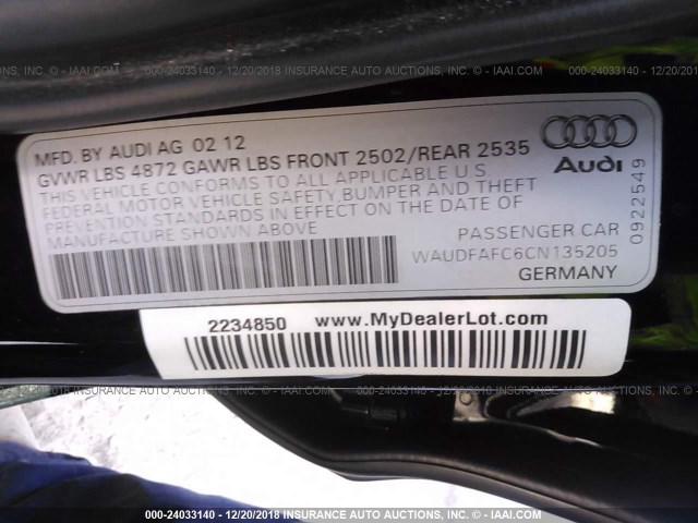 WAUDFAFC6CN135205 - 2012 AUDI A6 PREMIUM PLUS BLACK photo 9