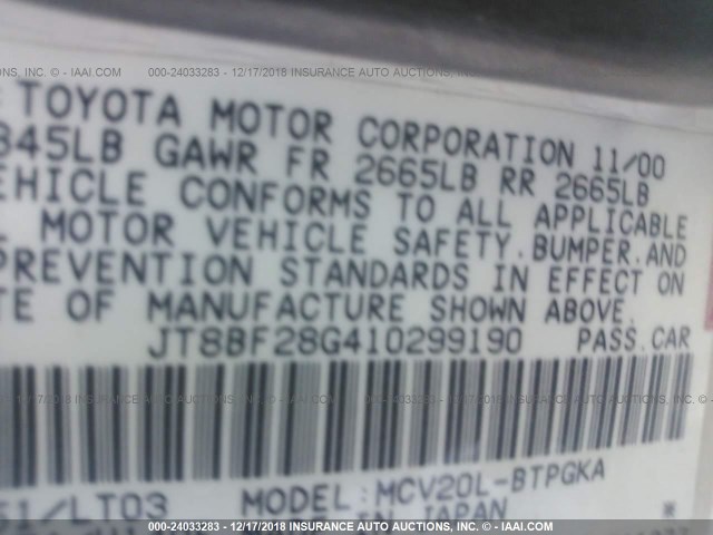 JT8BF28G410299190 - 2001 LEXUS ES 300 WHITE photo 9