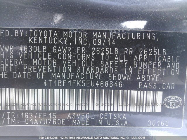 4T1BF1FK5EU468646 - 2014 TOYOTA CAMRY L/SE/LE/XLE 灰色 照片 9