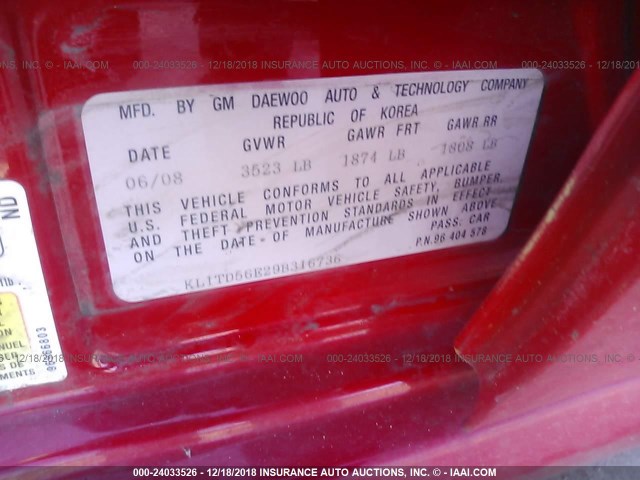 KL1TD56E29B316736 - 2009 CHEVROLET AVEO LS/LT წითელი ფოტო 9