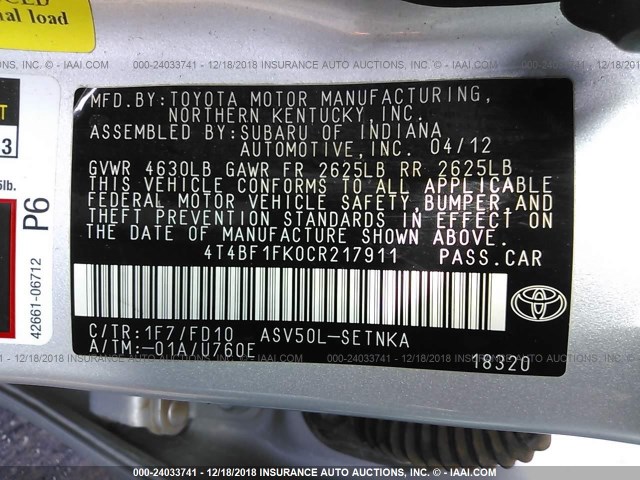 4T4BF1FK0CR217911 - 2012 TOYOTA CAMRY SE/LE/XLE SILVER photo 9