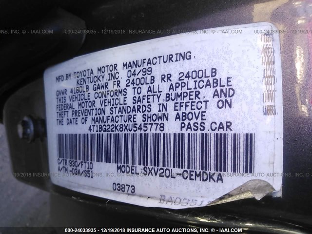 4T1BG22K8XU545778 - 1999 TOYOTA CAMRY CE/LE/XLE GRAY photo 9