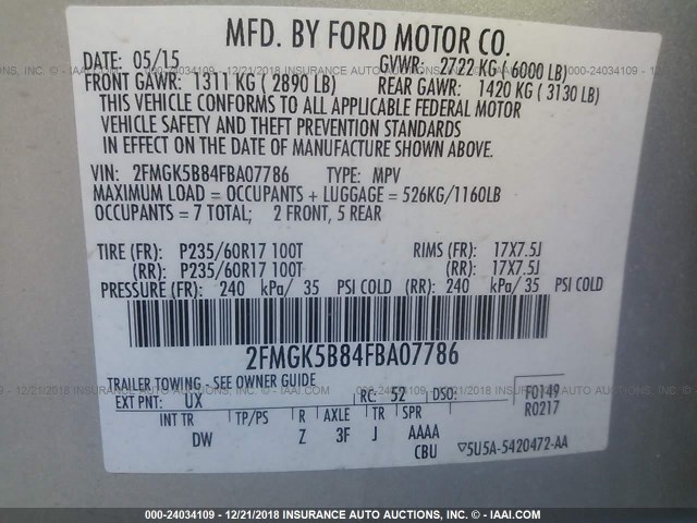 2FMGK5B84FBA07786 - 2015 FORD FLEX SE SILVER photo 9