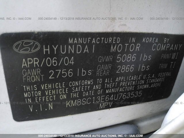 KM8SC13E64U763535 - 2004 HYUNDAI SANTA FE GLS/LX WHITE photo 9