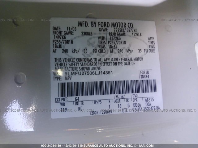 5LMFU27506LJ14351 - 2006 LINCOLN NAVIGATOR Ақ фото 9