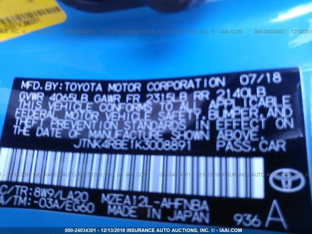 JTNK4RBE1K3008891 - 2019 TOYOTA COROLLA SE/XSE BLUE photo 9