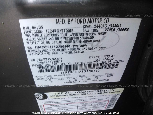 1FMZK03175GA80140 - 2005 FORD FREESTYLE LIMITED GRAY photo 9