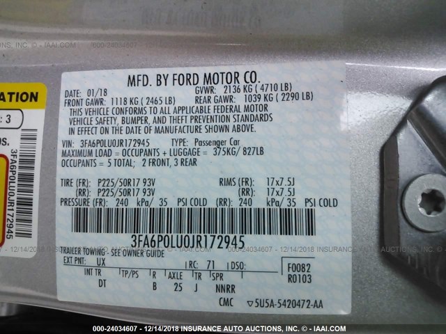 3FA6P0LU0JR172945 - 2018 FORD FUSION SE HYBRID SILVER photo 9