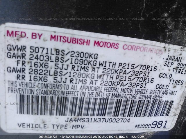 JA4MS31X37U002704 - 2007 MITSUBISHI OUTLANDER ES/LS GRAY photo 9