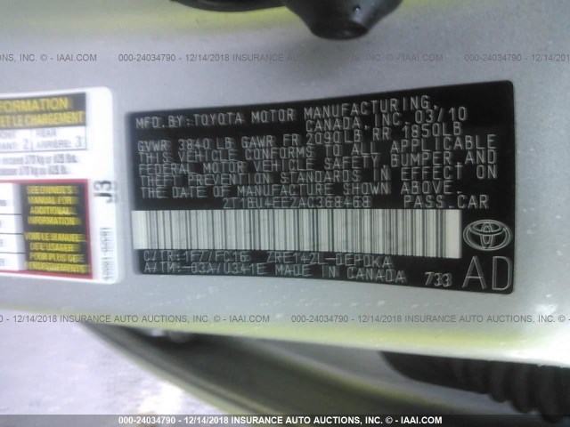 2T1BU4EE2AC368468 - 2010 TOYOTA COROLLA S/LE/XLE SILVER photo 9