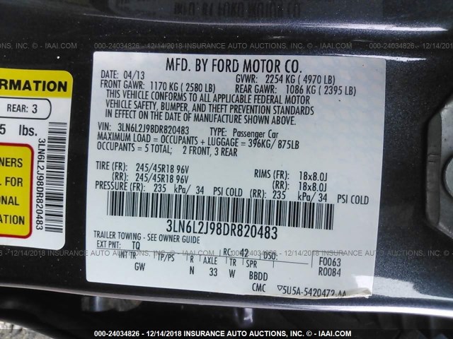 3LN6L2J98DR820483 - 2013 LINCOLN MKZ Կապույտ լուսանկար 9